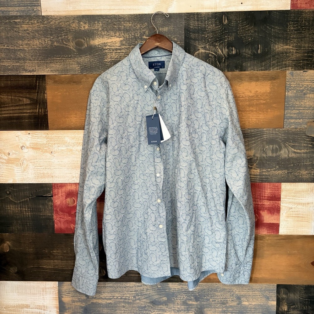 ETON Casual Shirt Knitted Paisley Blue 100% Cotton Slim Fit Size XXL 2XL